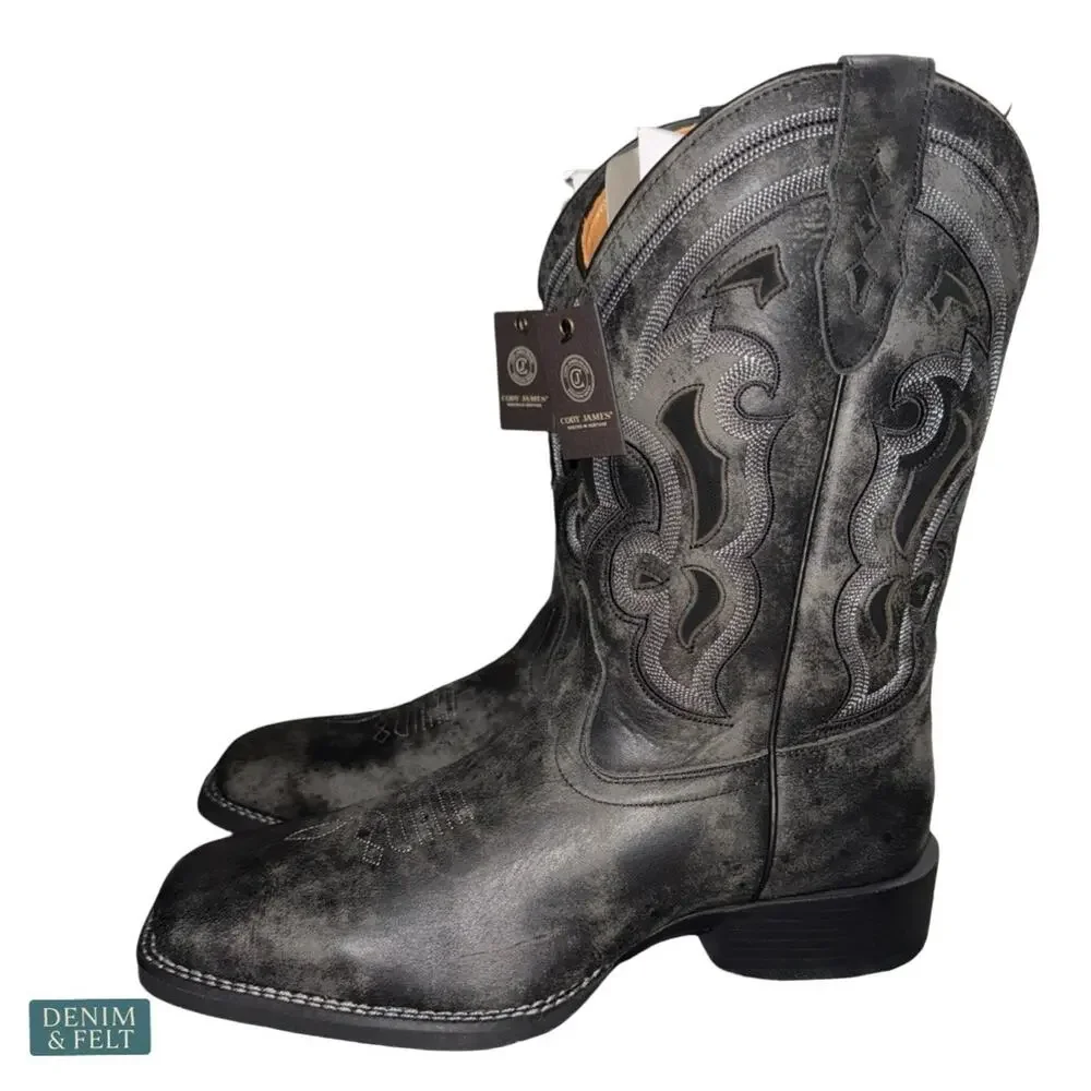 NEW Cody James Ace Nixon Western Boots Black Square‎ Toe Leather Cowboy Rugged